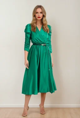 Rochie eleganta petrecuta cu maneci bufante verde