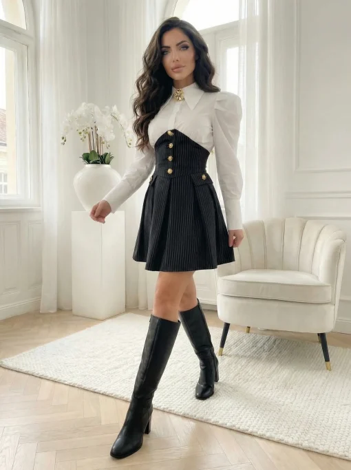rochie-office-eleganta-neagra-cu-dungi-fine-si-camasa-alba-integrata