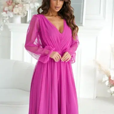 Rochie Paolina Dark Pink, eleganta din tul cu maneci transparente