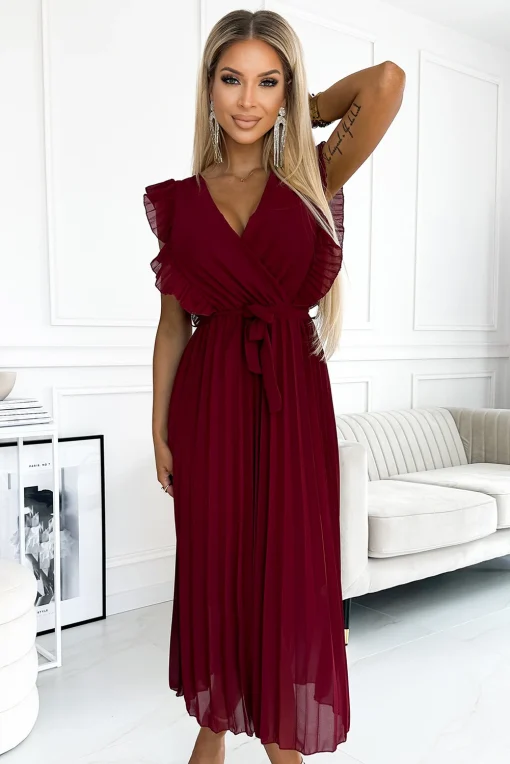 rochie-plisata-burgundy-cu-volane-decolteu-petrecut-si-cordon