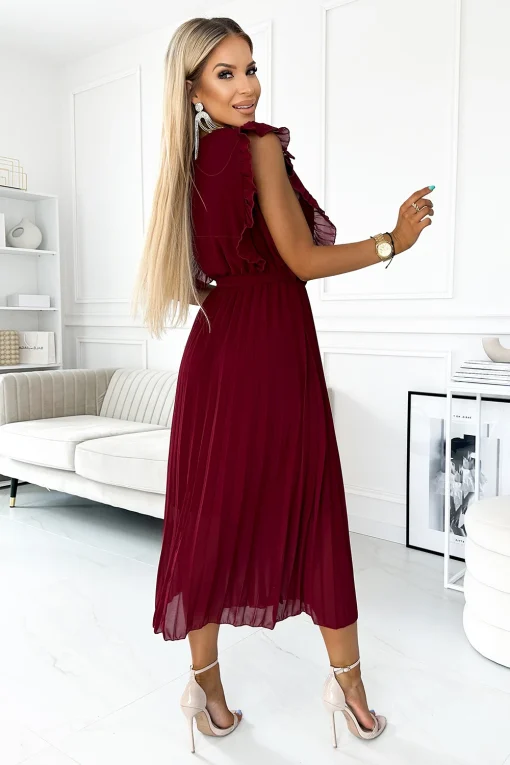 rochie-plisata-burgundy-cu-volane-decolteu-petrecut-si-cordon