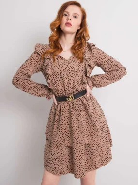 Rochie Riana Beige, scurta cu imprimeu si volanase