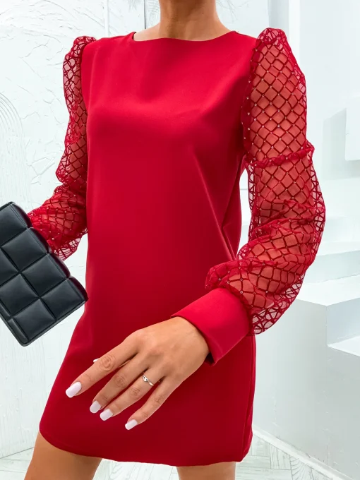 rochie-rosie-scurta-cu-maneci-din-tull-brodat