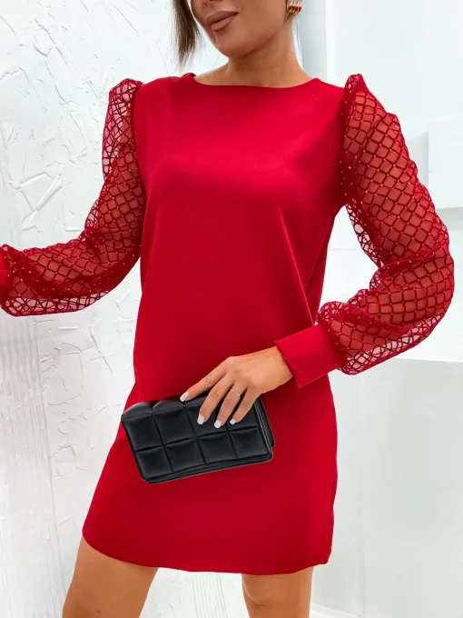 rochie-rosie-scurta-cu-maneci-din-tull-brodat