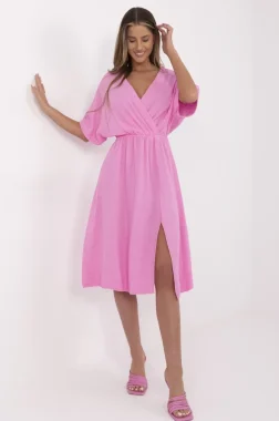 Rochie roz din bumbac cu decolteu petrecut si crapatura laterala