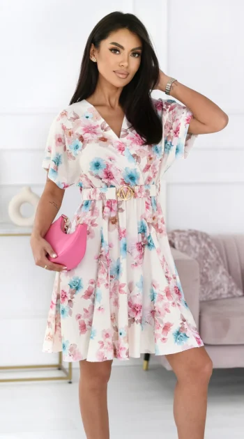 rochie-scurta-alba-cu-imprimeu-floral-roz-si-albastru-si-cordon-in-talie