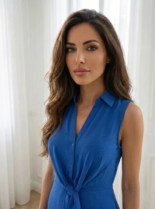 rochie-scurta-albastra-cu-nod-frontal-si-guler-camasa