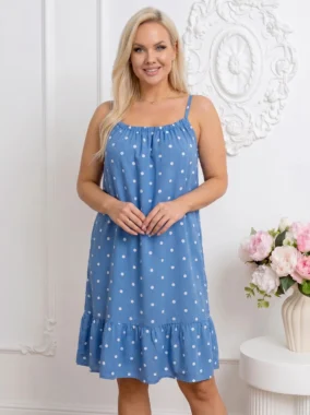 Rochie scurta albastru denim din vascoza cu buline si volan