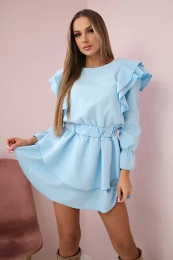 Rochie scurta albastru deschis cu volane si maneca lunga