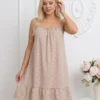 rochie-scurta-bej-cu-bretele-buline-albe-si-volanas-la-baza