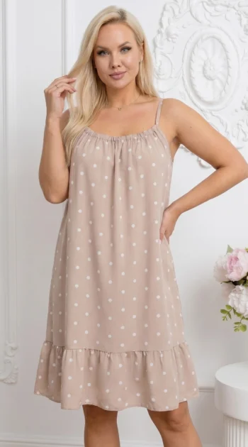 rochie-scurta-bej-cu-bretele-buline-albe-si-volanas-la-baza