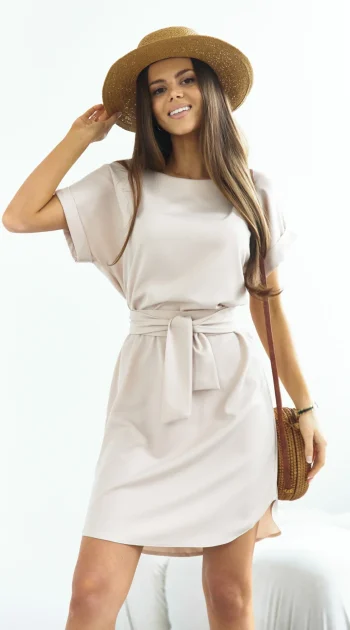 rochie-scurta-bej-cu-cordon-in-talie-si-maneci-lejere