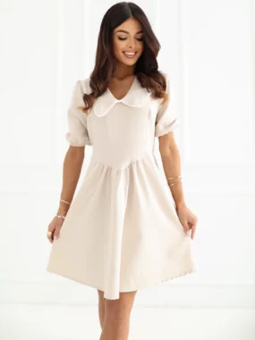 Rochie scurta bej cu guler contrastant