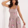 rochie-scurta-bej-inchis-cu-imprimeu-floral