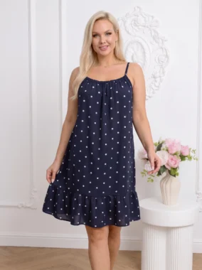 Rochie scurta bleumarin din vascoza cu buline si volan
