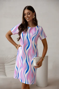 Rochie scurta cu imprimeu abstract in nuante roz si albastru