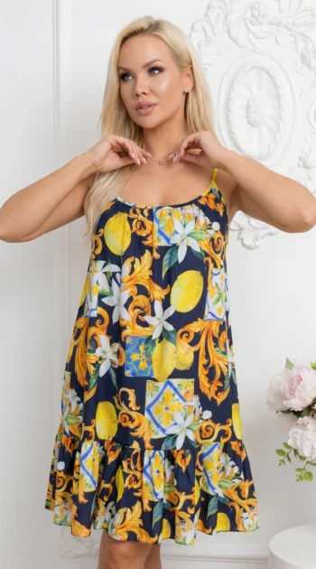rochie-scurta-cu-imprimeu-baroc-si-lamai-si-volan-la-baza