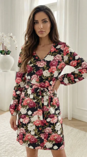 rochie-scurta-cu-imprimeu-floral-bogat-si-cordon-in-talie