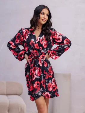 Rochie scurta cu imprimeu floral rosu si cordon in talie
