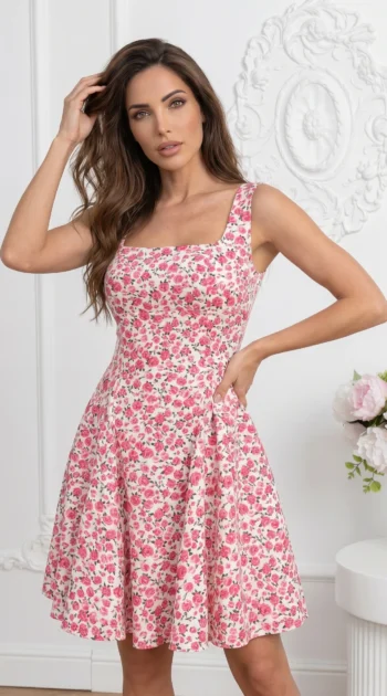 rochie-scurta-cu-imprimeu-floral-si-decolteu-patrat