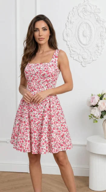 rochie-scurta-cu-imprimeu-floral-si-decolteu-patrat
