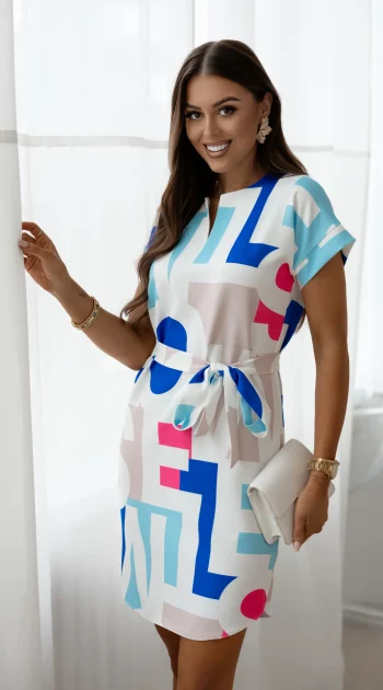 rochie-scurta-cu-imprimeu-geometric-colorat-si-cordon-in-talie