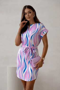 Rochie scurta cu imprimeu ondulat roz-lila