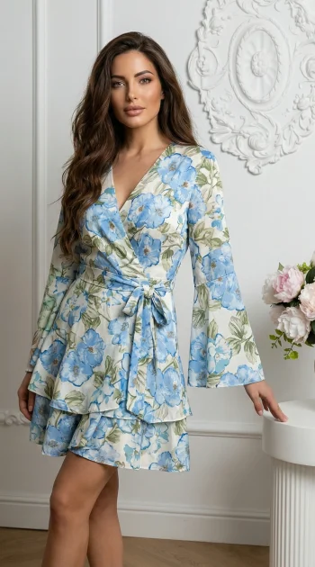 rochie-scurta-cu-volane-si-imprimeu-floral-albastru