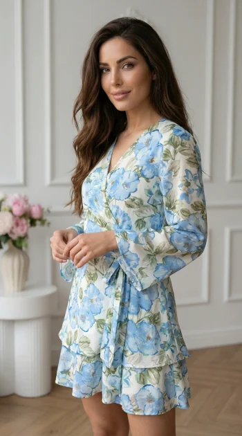 rochie-scurta-cu-volane-si-imprimeu-floral-albastru