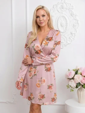 Rochie scurta din satin cu imprimeu floral si decolteu petrecut