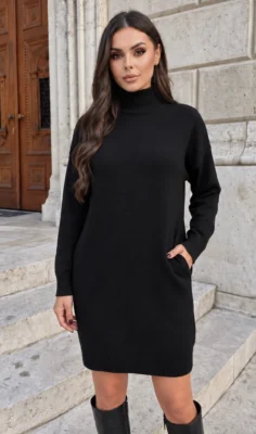 Rochie scurta din tricot cu guler inalt