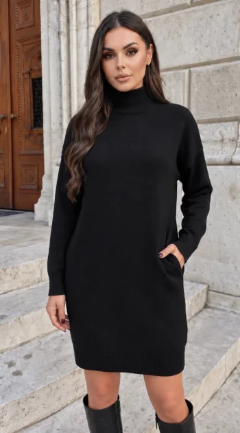 rochie-scurta-din-tricot-cu-guler-inalt