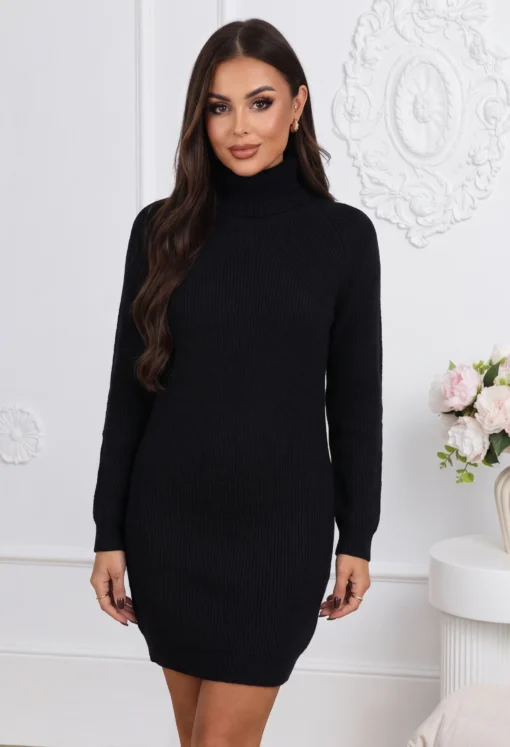 rochie-scurta-din-tricot-reiat-cu-guler-inalt-rulat