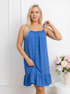 Rochie scurta din vascoza albastra cu buline si volanas la baza