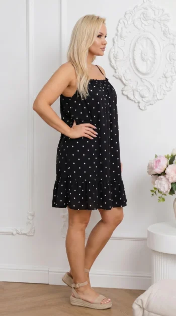 rochie-scurta-din-vascoza-neagra-cu-buline-si-volanas-la-baza