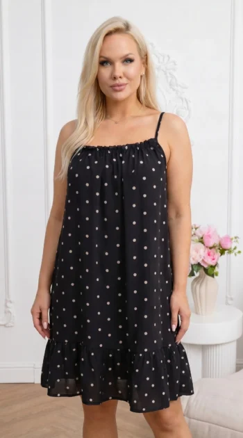 rochie-scurta-din-vascoza-neagra-cu-buline-si-volanas-la-baza
