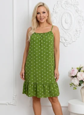 Rochie scurta din vascoza verde cu buline si volanas la baza