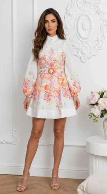 rochie-scurta-eleganta-din-bumbac-cu-imprimeu-floral-si-curea