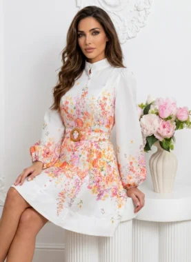 Rochie scurta eleganta din bumbac cu imprimeu floral si curea