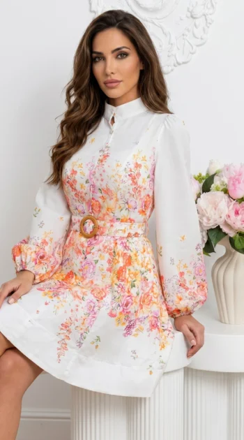 rochie-scurta-eleganta-din-bumbac-cu-imprimeu-floral-si-curea