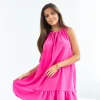 rochie-scurta-fucsia-fara-maneci-cu-volan-si-cordon