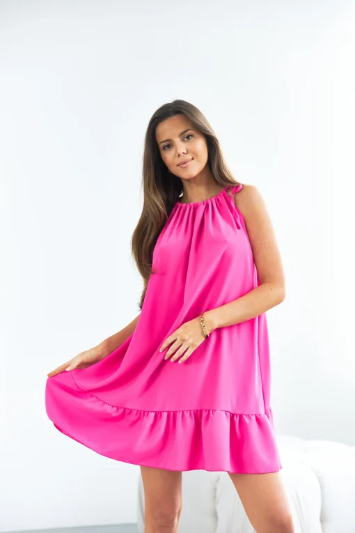 rochie-scurta-fucsia-fara-maneci-cu-volan-si-cordon