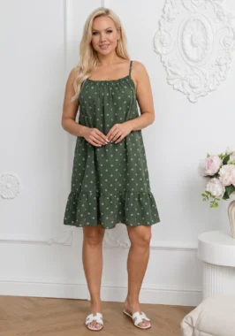 Rochie scurta din vascoza kaki cu buline si volanas la baza