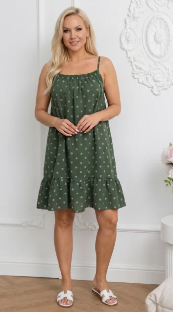 rochie-scurta-kaki-cu-bretele-buline-si-volanas-la-baza