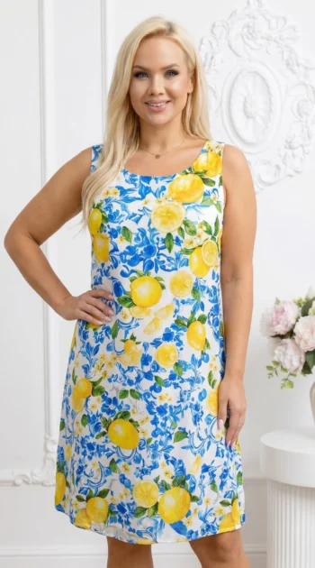 rochie-scurta-lejera-cu-imprimeu-albastru-si-lamai