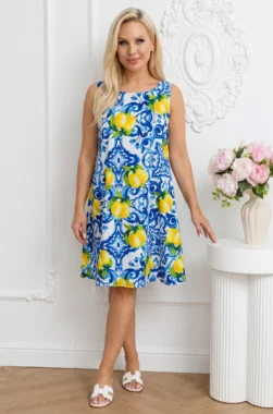 Rochie scurta lejera fara maneci cu imprimeu lamai