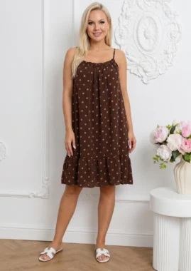 Rochie scurta din vascoza maro cu buline si volanas la baza