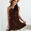 rochie-scurta-maro-cu-bretele-subtiri-si-cordon