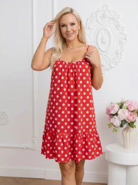 Rochie scurta rosie cu buline albe si volan la baza