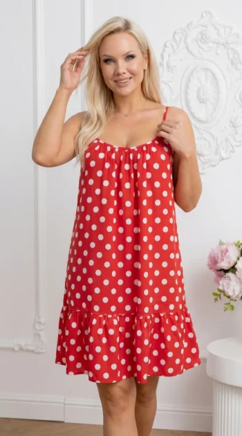 rochie-scurta-rosie-cu-buline-albe-si-volan-la-baza